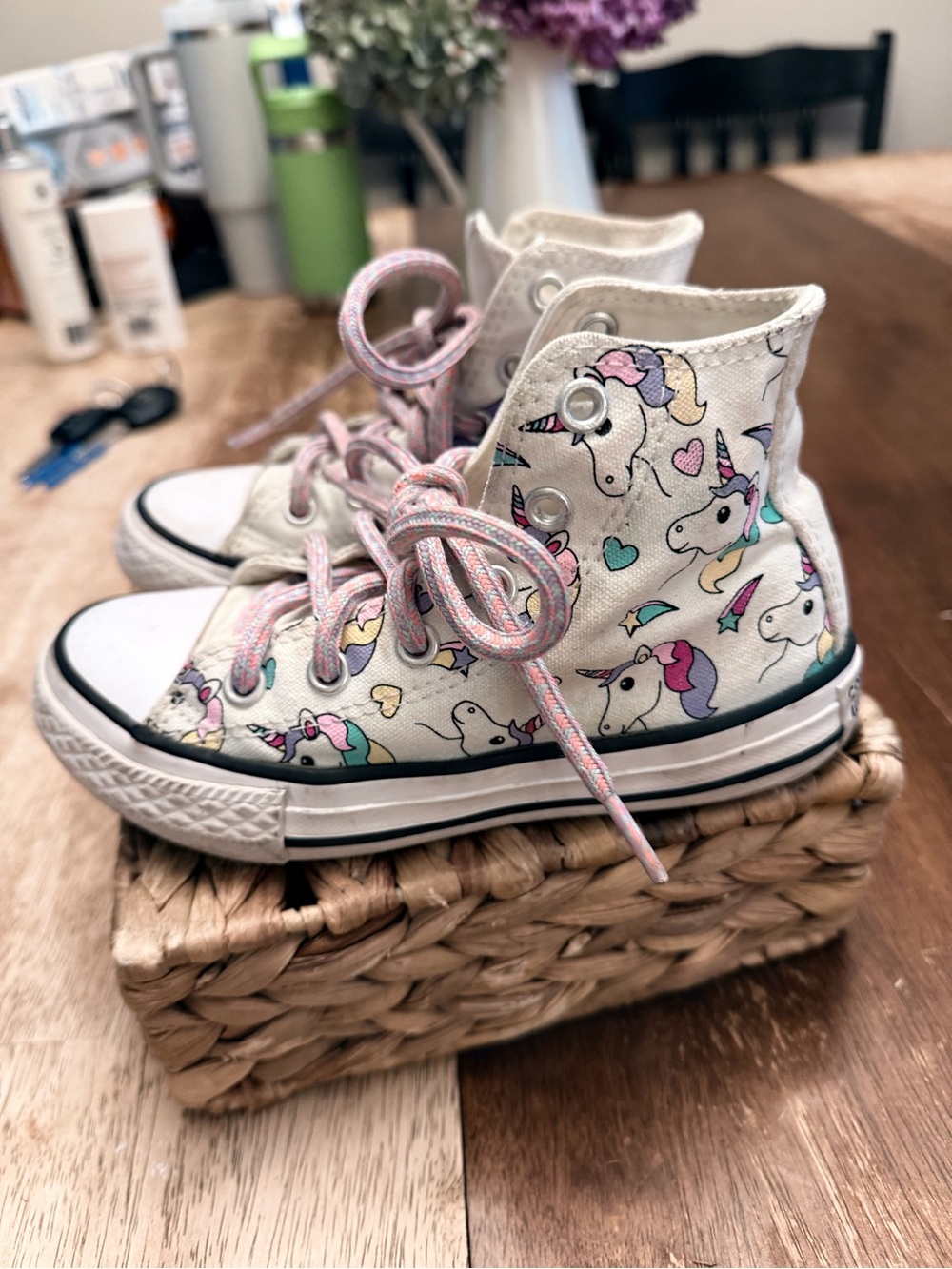 Converse Kids Unicorn High-Top Sneakers in White with Pink, Purple, Teal Accents
